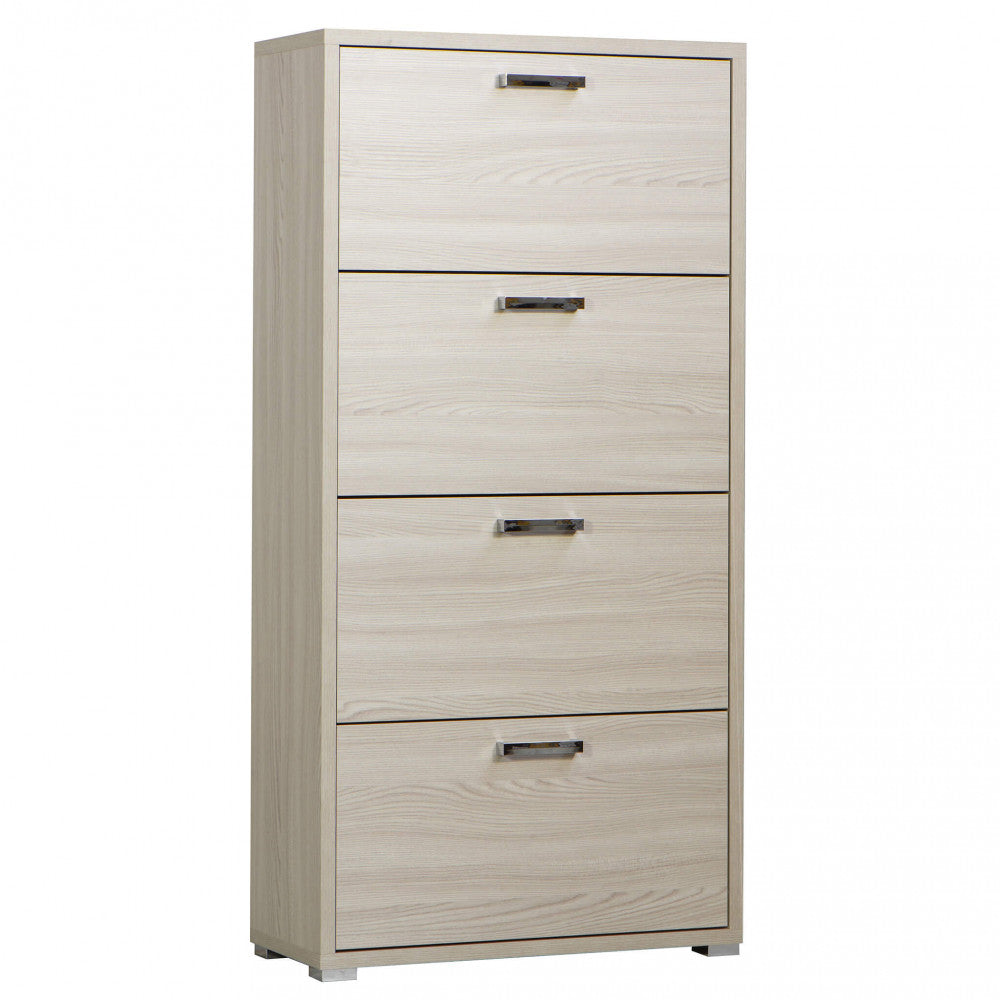 DEMI 4-DOOR FLAP-DOOR SHOE RACK IN ELM. Dimensions: 75.3 x 33 x 151.8 cm h.