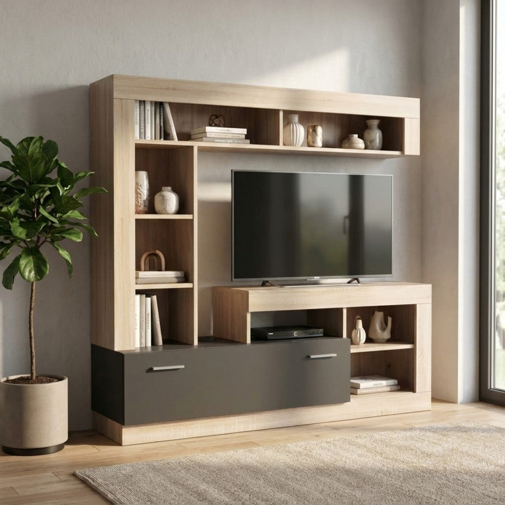 PARETE SOGGIORNO LEONARD ANTRACITE E QUERCIA CHIARO. Parete in legno ANTRACITE e QUERCIA CHIARO Dimensioni: cm 170 x 42 x 170 h.