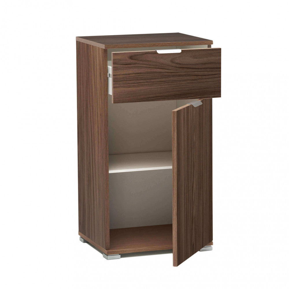 MOBILETTO LENA CON 1 ANTA E 1 CASSETTO TINTA NOCE. Dimensioni: cm 45 x 38 x 85 h.