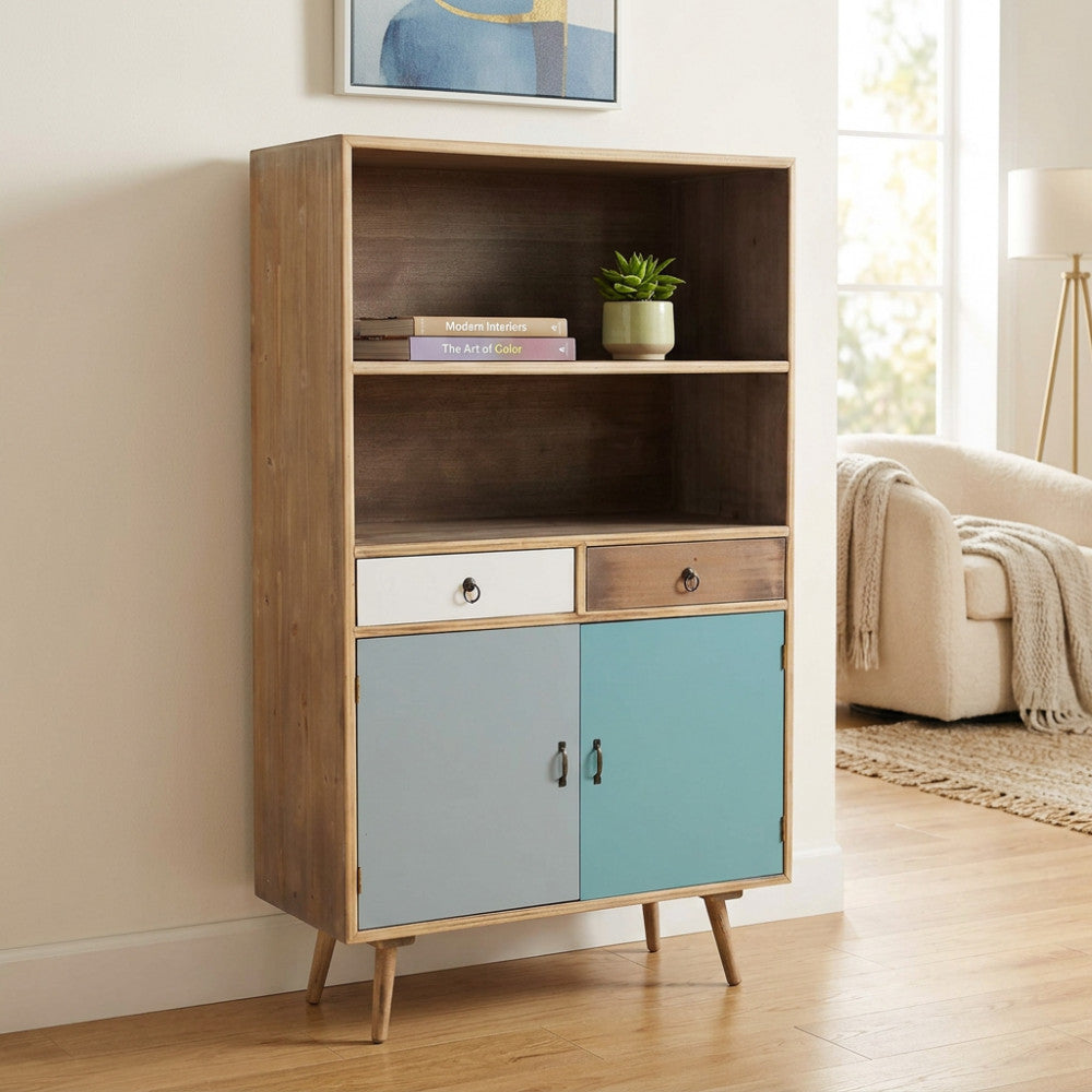 MOBILETTO BARRIE. Struttura in MDF, gambe in legno di pino, top colore NATURALE 2 ripiani, 2 ante e 2 cassetti colorati Dimensioni: cm 80 x 35 x 140 h.
