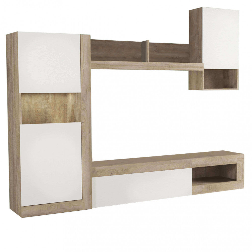 ROOMY LIVING ROOM WALL WHITE AND LIGHT OAK. White and LIGHT OAK wooden wall Dimensions: 255 x 40 x 200 h cm.