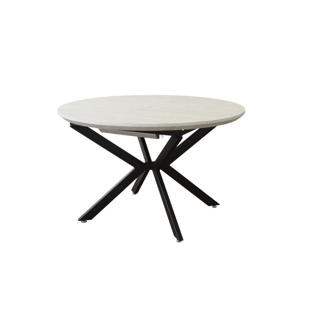 GARRY EXTENDABLE ROUND TABLE WHITE WOOD EFFECT BLACK FRAME 120/160 X 120. Table with MDF top and metal frame. Dimensions: 120 cm l x 120 px 76 h. Garden Furniture
