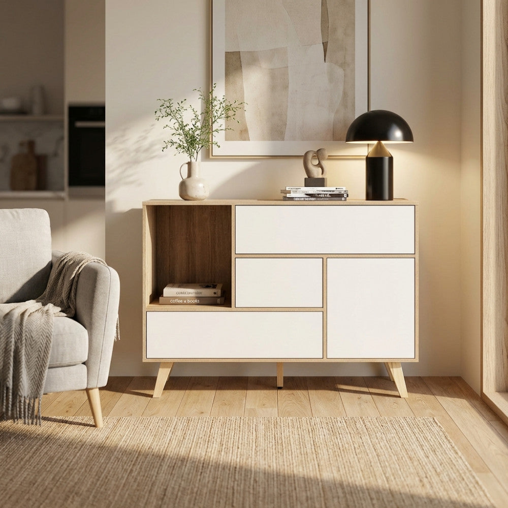 MOBILE EMORY BIANCO E NATURALE. Mobile in melammina con 1 ante, 3 cassetti e 1 ripiano naturali, struttura bianca o grigio scura Dimensioni: 119 x 39,5 x 85,6 h.