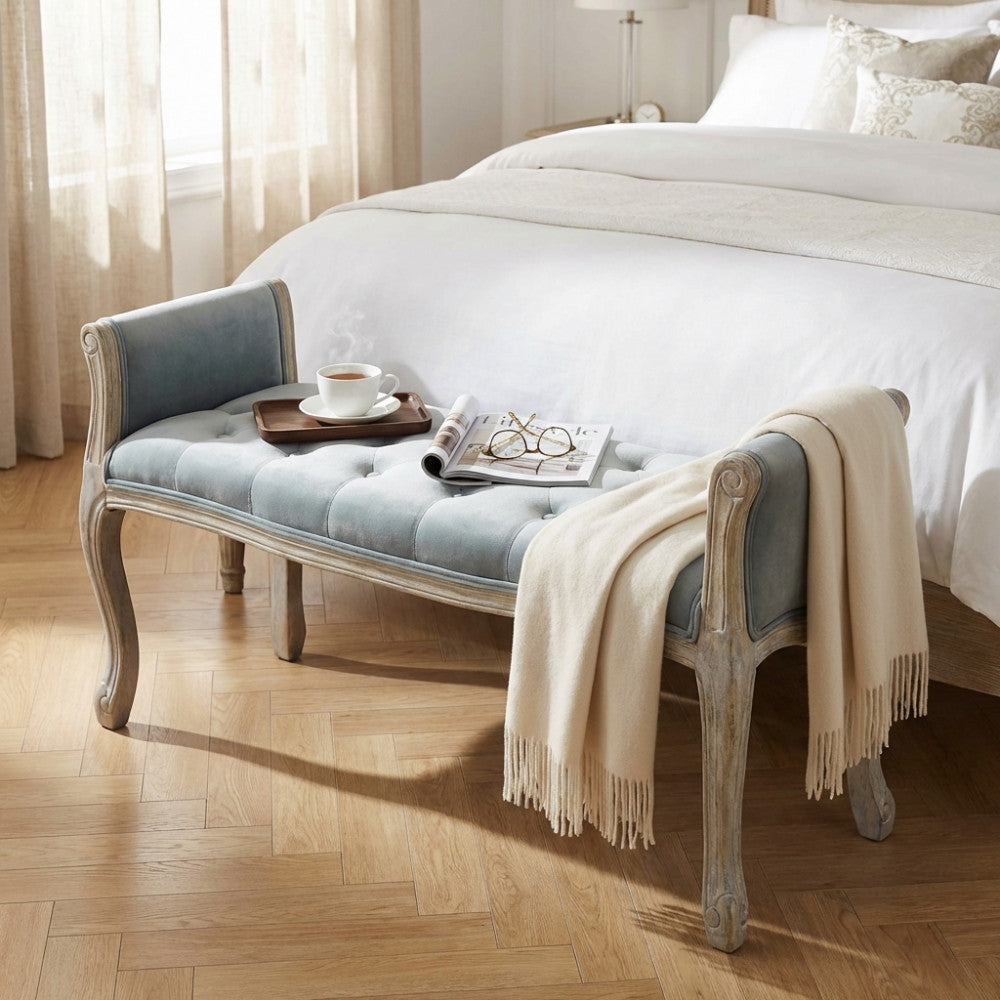 MADELYN BENCH IN GREY VELVET. Dimensions: 113 x 48 x 45/60 h cm.