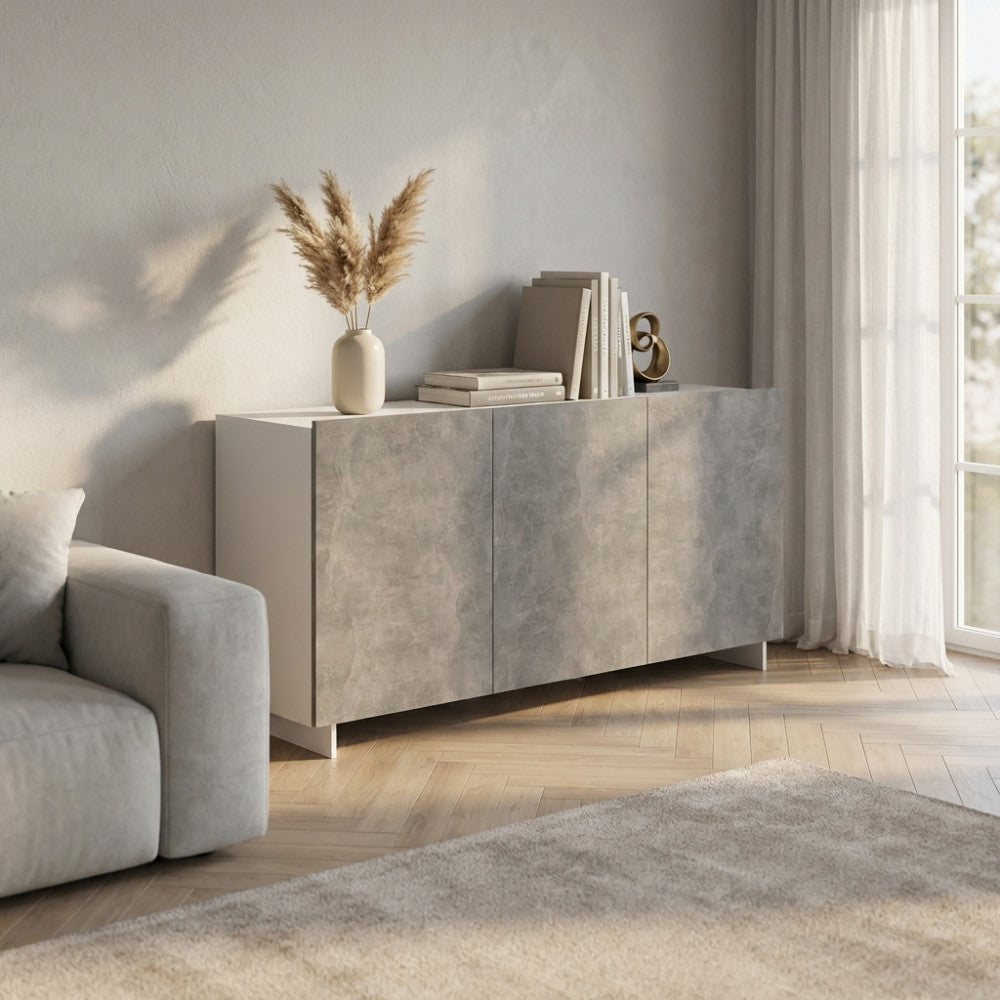 CREDENZA CARLILE BIANCO E GRIGIO EFFETTO CEMENTO. Credenza in legno BIANCO e GRIGIO EFFETTO CEMENTO Dimensioni: cm 150 x 40 x 76 h.