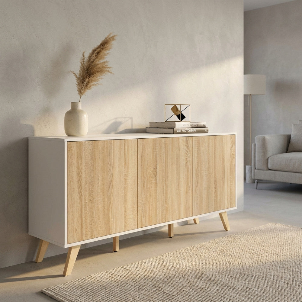 MOBILE ELTON BIANCO E NATURALE. Mobile in melammina con 3 ante naturali, struttura bianca o grigio scura Dimensioni: 150 x 39,5 x 75 h.