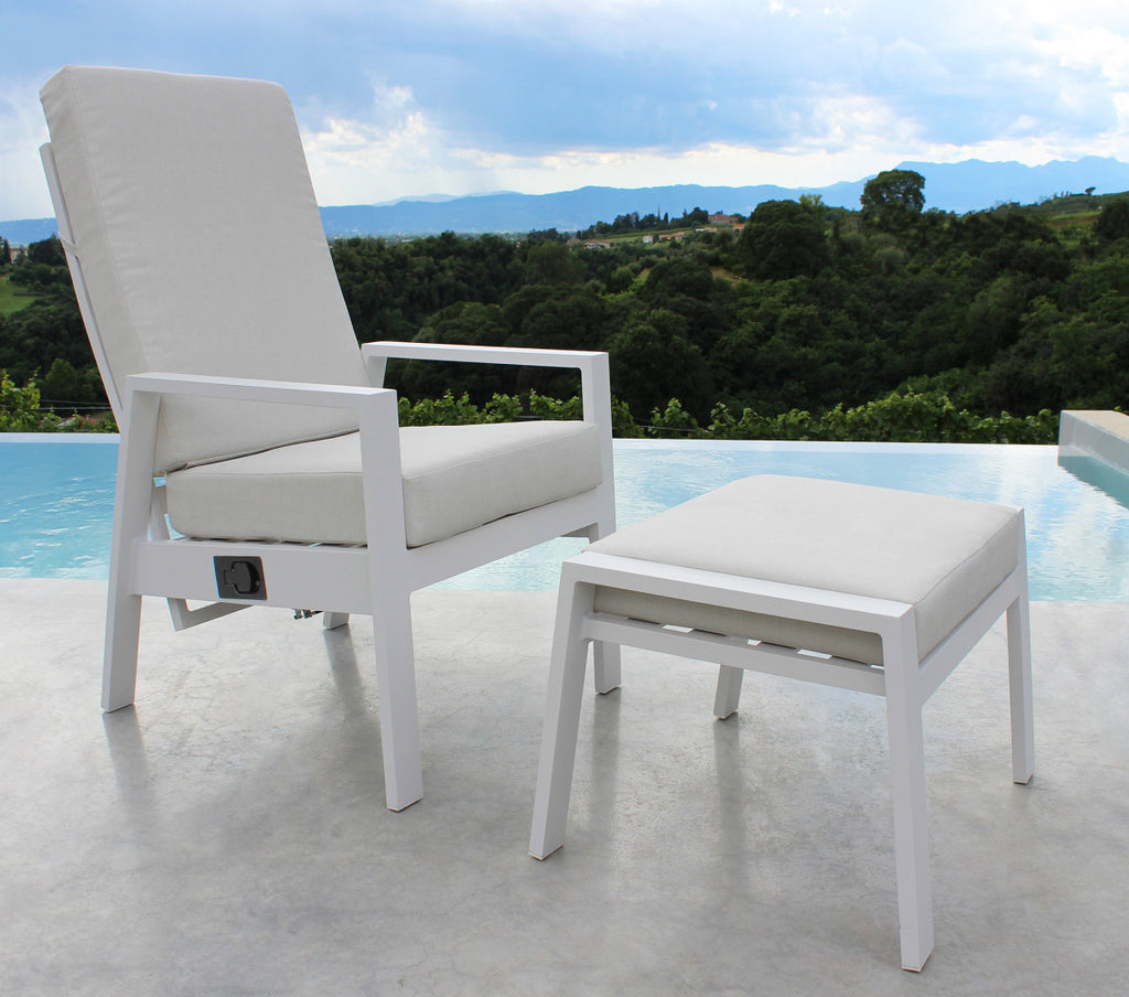 GIAKARTA FOOTREST. White or anthracite painted aluminum frame with cushion. Dimensions: 56 cm wide x 65 cm deep x 41 cm high. Garden Furniture
