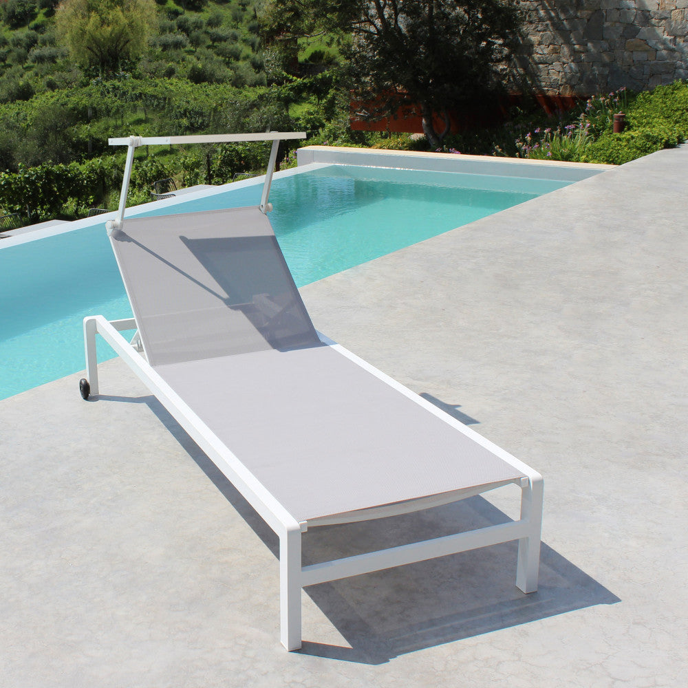 LETTINO MADISON. Struttura in alluminio verniciato BIANCO o ANTRACITE o TAUPE textilene 2 x 1 con tettuccio Dimensioni: cm 195 x 78 x 32/54 h. Arredo Giardino