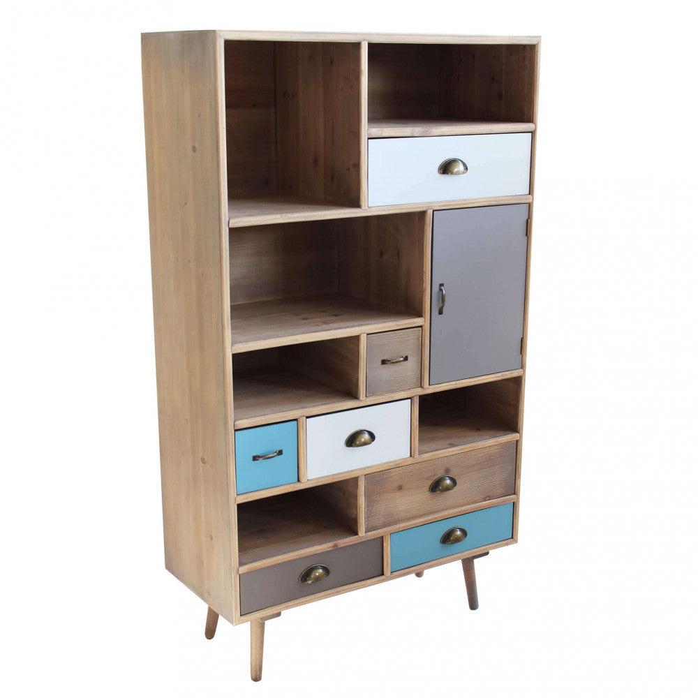 MOBILETTO PERTH. Struttura in MDF, gambe in legno di pino, top colore NATURALE 6 ripiani e 1 anta, 7 cassetti colorati Dimensioni: cm 80 x 36,5 x 139 h.