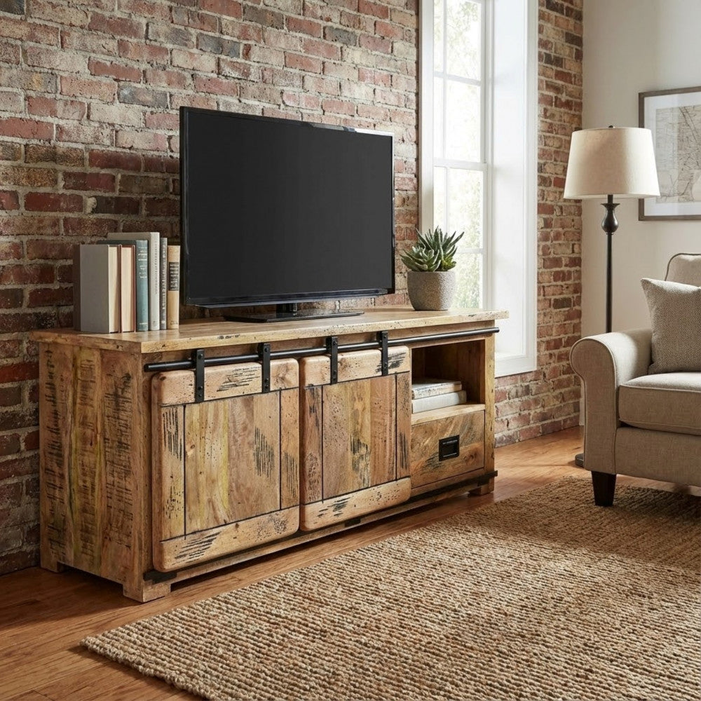 PORTA TV WELDON. Porta TV in legno di mango con 2 anta scorrevole, 1 ripiano e 2 cassetto Dimensioni: cm 150 x 45 x 60 h.