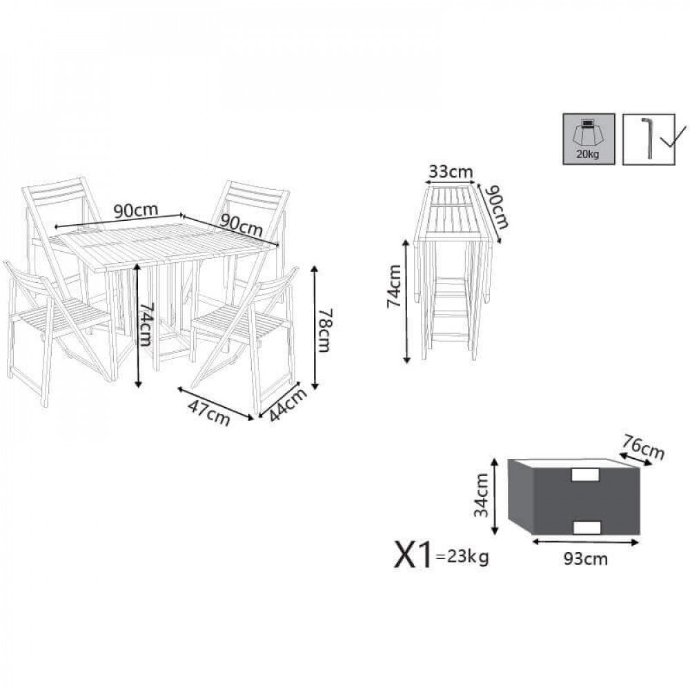 SET TAVOLO + 4 SEDIE. Legno di Acacia massiccio Dimensioni: T 90 x 90 x 74 h S 44 x 47 x 78 h. Arredo Giardino