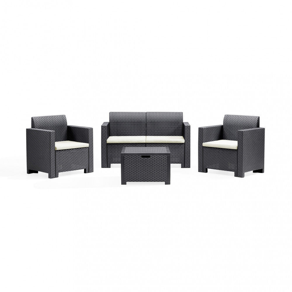 SALOTTO NEBRASKA 2 P C/CUSCINI. Struttura in plastica stampata wicker, montaggio ad incastro. Arredo Giardino