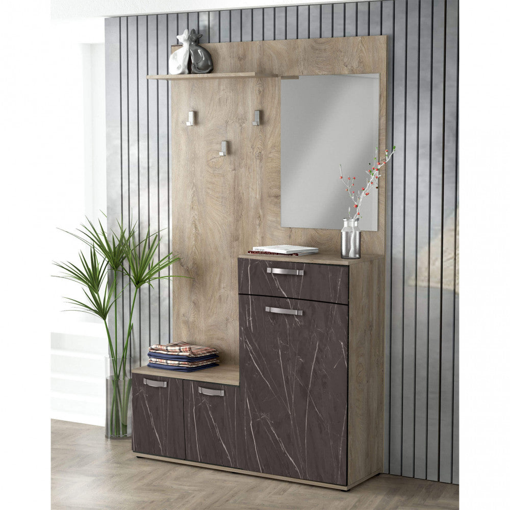 MOBILE PER ENTRATA SMERALDO ROVERE CHIARO E ANTRACITE. Dimensioni: cm 115 x 35 x 197 h.