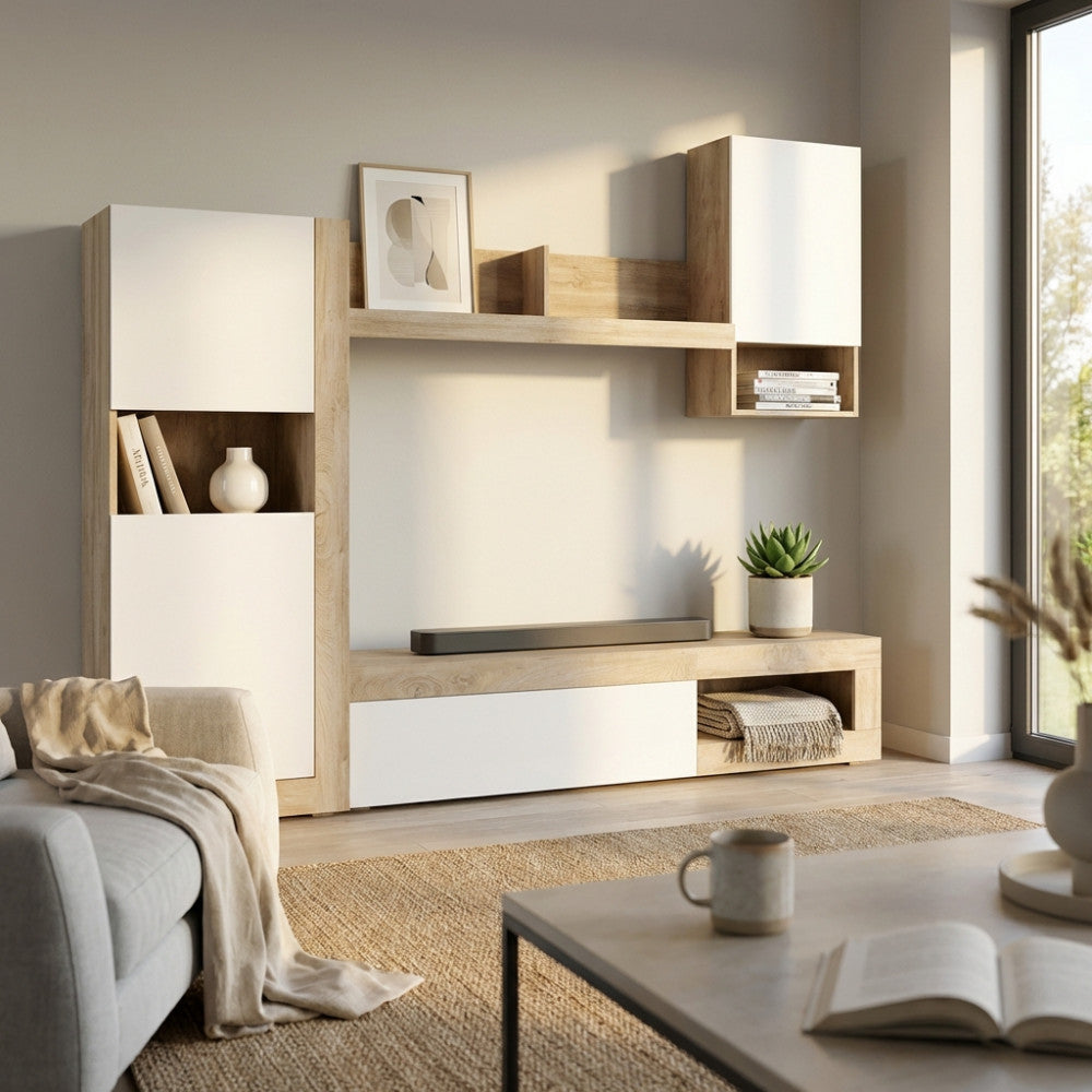 PARETE SOGGIORNO ROOMY BIANCO E ROVERE CHIARO. Parete in legno BIANCO e ROVERE CHIARO Dimensioni: cm 255 x 40 x 200 h.