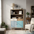 MOBILETTO BARRIE. Struttura in MDF, gambe in legno di pino, top colore NATURALE 2 ripiani, 2 ante e 2 cassetti colorati Dimensioni: cm 80 x 35 x 140 h.