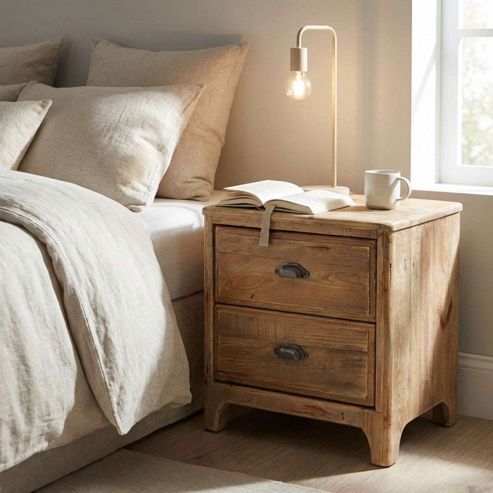 MOBILETTO GALEN. Mobiletto con 2 cassetti in legno di pino riciclato Dimensioni: cm 55 x 45 x 55 h.