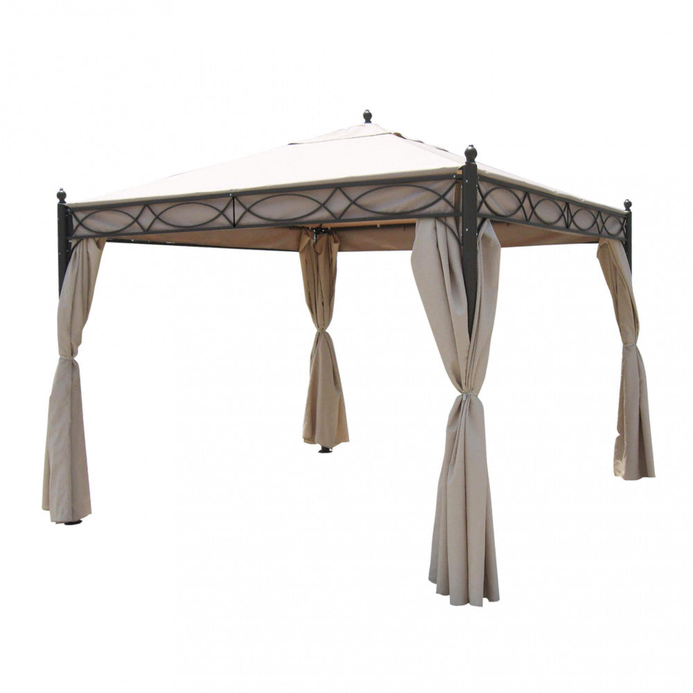 GAZEBO SIWA 3 X 3. Canvas and sides in BEIGE polyester 200-160 gr + mosquito net, structure in BLACK painted steel, legs tube 0 mm 70 x 1.2 - cover mm 15x15/18x18 Dimensions: m 3 x 3 x 2.60 h. Garden furniture