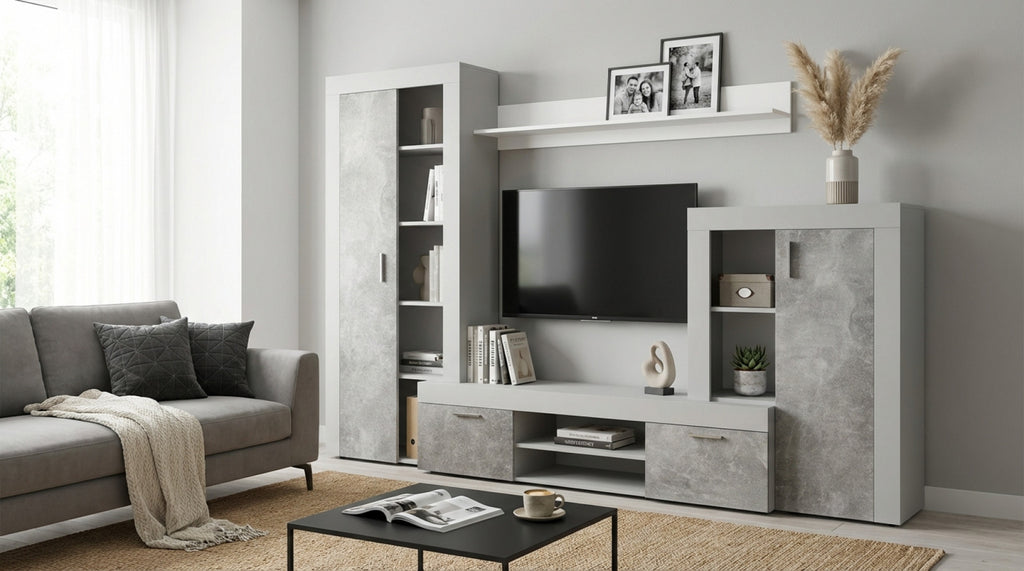 NOBEL LIVING ROOM WALL WHITE AND GREY CONCRETE EFFECT. WHITE and GREY CONCRETE EFFECT wooden wall Dimensions: 263 x 40 x 200 h cm.