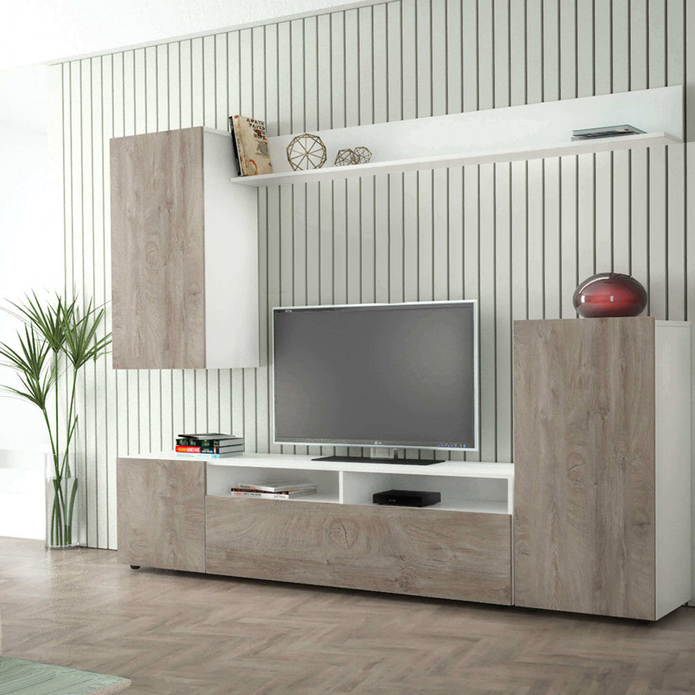 PARETE SOGGIORNO BRIDGE BIANCO E ROVERE CHIARO. Parete in legno BIANCO e ROVERE CHIARO Dimensioni: cm 207 x 34 x 170 h.
