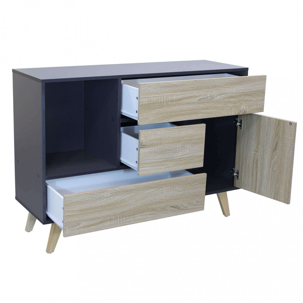 EMORY GREY AND NATURAL CABINET. Melamine cabinet with 1 door, 3 drawers and 1 shelf, natural structure, white or dark grey. Dimensions: 119 x 39.5 x 85.6 h.