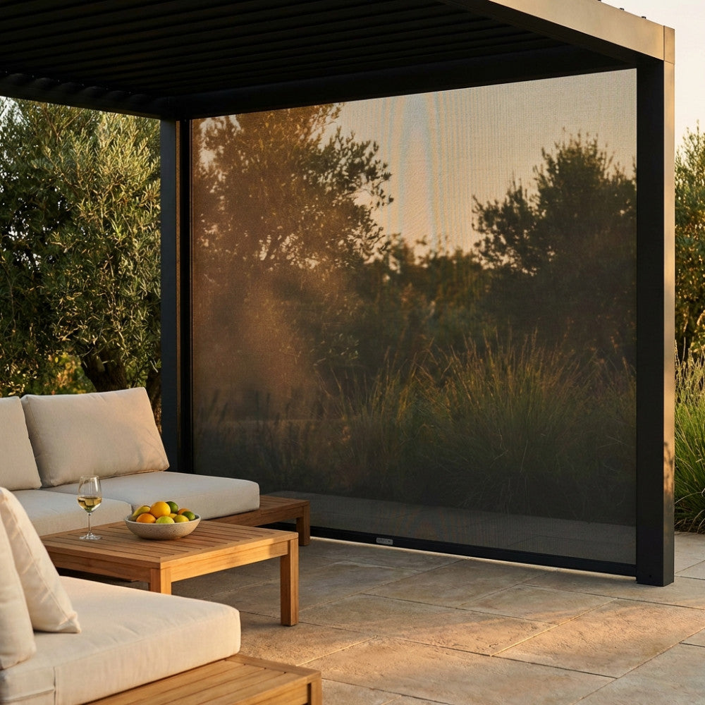 4M LATERAL BIOCLIMATIC PERGOLA WITH DOUBLE LOUVRES. Manual side in anthracite or white textilene. Dimensions: 381 cm wide x 221 cm deep. Garden Furniture