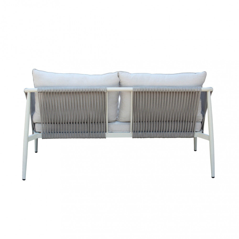 SALOTTO MUMBAI 2 P C/CUSCNI. Struttura in alluminio verniciata a polvere GRIGIO SCURO o GRIGIO CHIARO braccioli e schienali rivestimento in corda tonda sintetica cuscini 15 cm tavolino con vetro temprato 5 mm Dimensioni: D.152x80x73/P.71x80x73/T.100x...