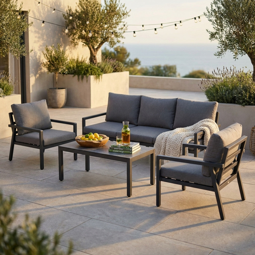SANTO DOMINGO 3-SEAT LOUNGE WITH CUSHIONS. WHITE or ANTHRACITE aluminum frame, polyester cushions. Dimensions: D.206x85x76/D.78x85x76/T.110x55x45.5. Garden Furniture