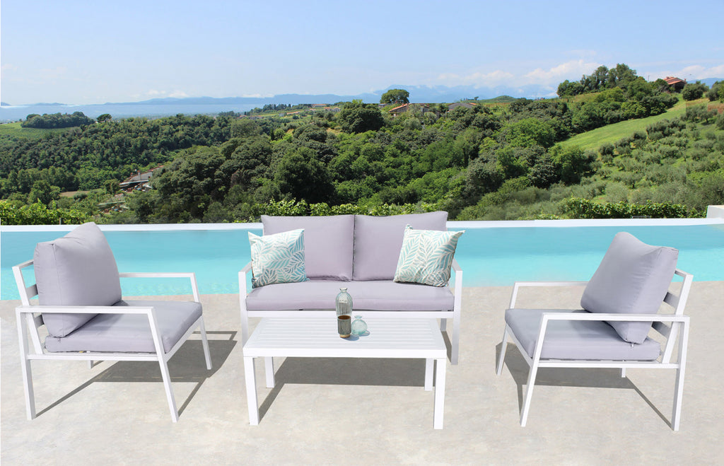 HELSINKI 2-SEAT LOUNGE WITH CUSHIONS. Aluminum frame in WHITE or ANTHRACITE or DOVE GREY or TAUPE. 10 cm polyester cushions. Dimensions: D.128x77x79/P.68x77x797T.51.5x95x46. Garden Furniture