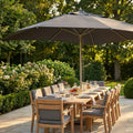 OMBRELLONE ANDROMEDA P/C ALLUMINIO 3 X 4. Telo in poliestere GRIGIO CHIARO o SCURO 180 gr con mantovana palo in alluminio ò 48 anodizzato finitura acciaio spazzolato noce in alluminio 115 mm 8 stecche in alluminio 17 x 22 mm Dimensioni: m 3 x 4. Arre...
