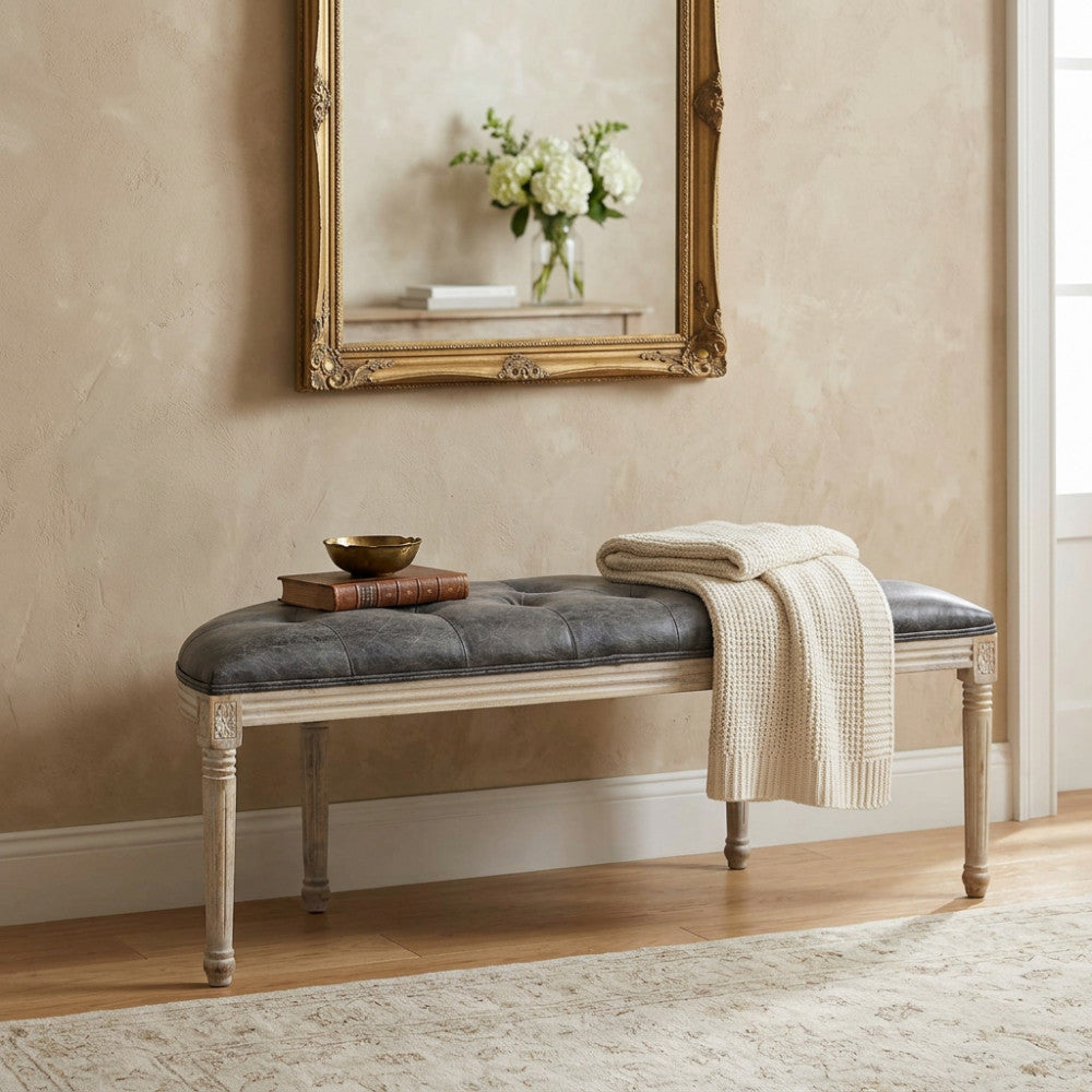 PANCA MARGI IN IN ECOPELLE VINTAGE GRIGIO. Dimensioni: cm 125 x 45 x 48 h.