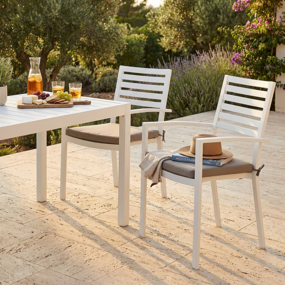 FORMENTERA ARMCHAIR WITH CUSHION. Frame and seat in WHITE, DOVE GREY, TAUPE, or ANTHRACITE aluminum with TAUPE cushion. Dimensions: 46 x 62 x 84 cm. Garden Furniture