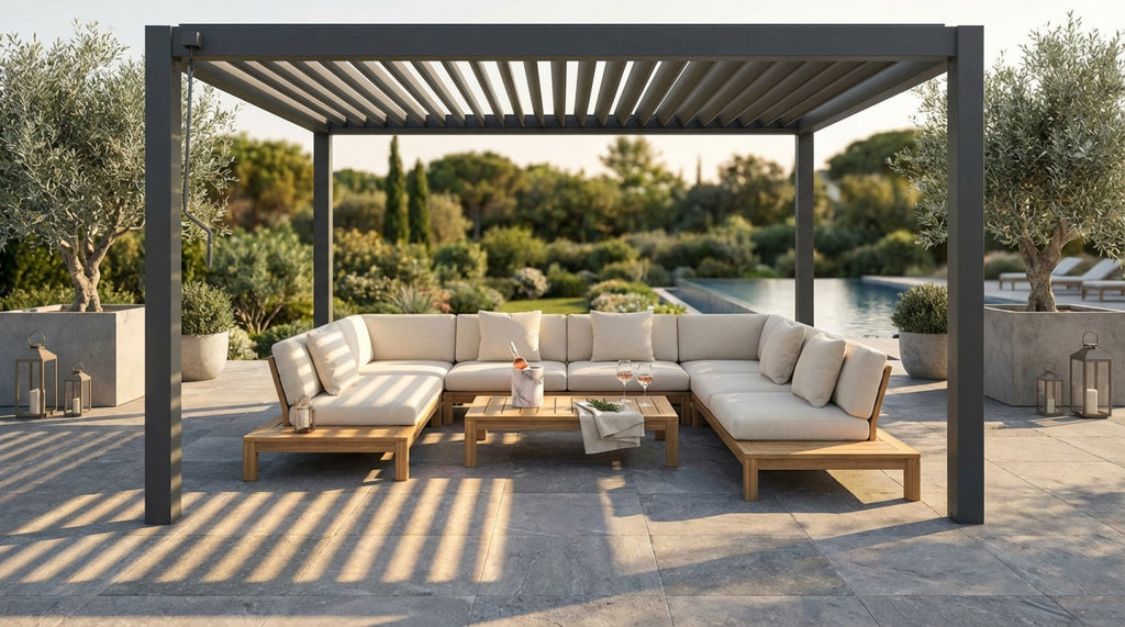 3 x 4 BIOCLIMATIC PERGOLA WITH DOUBLE LOUVRES. White or dark grey aluminium structure, cover with manually operated adjustable sunshade louvers, resistant to all weather conditions. Dimensions: 3 x 4 x 2.4 m. Garden Furniture