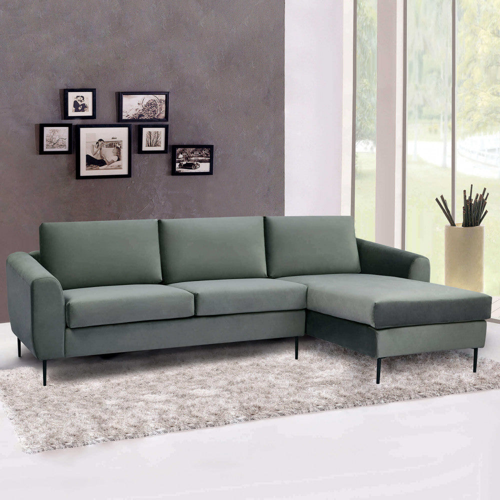 GREGORY SOFA WITH CHAISE LONGUE. Sofa with chaise longue in BROWN, GREY, or BLUE with metal legs. Dimensions: D.180x97x85/S.100x170x85.