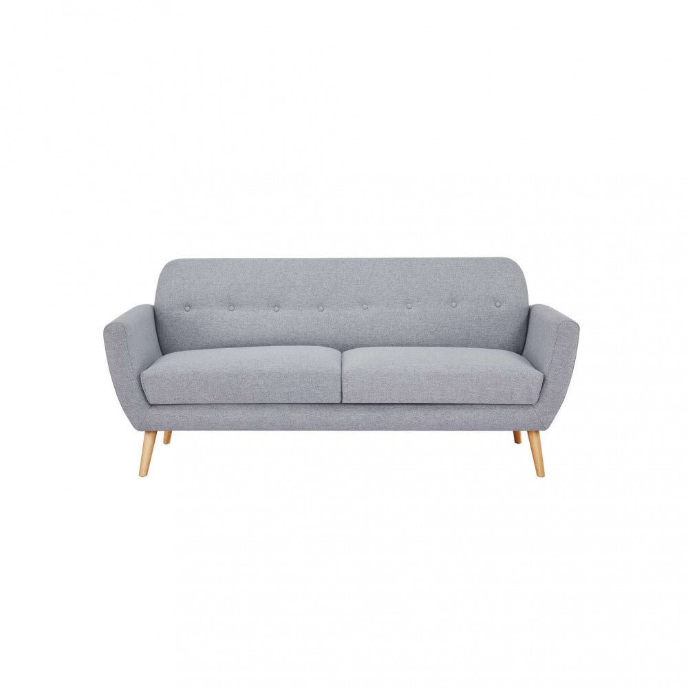 BURTON 3-SEATER SOFA. LIGHT GREY, DARK GREY, or BLUE sofa with buttons and polypropylene legs. Dimensions: 193 x 79 x 86 cm.