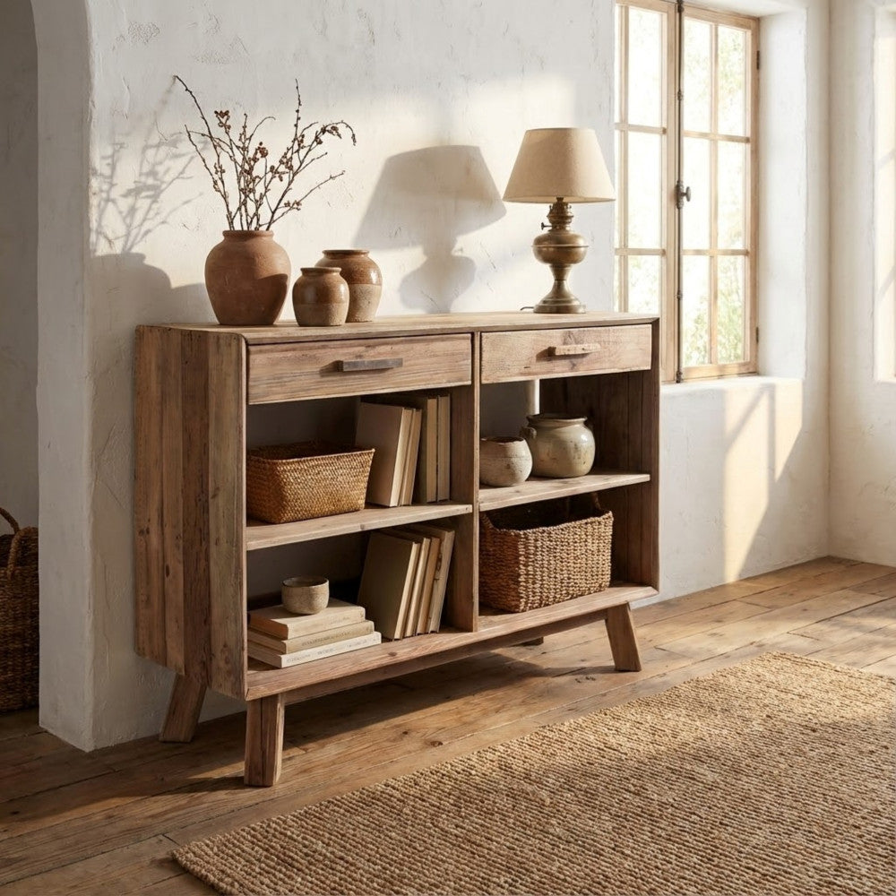 MOBILE DYLAN. Mobile con 2 cassetti e 4 ripiani in legno di pino riciclato Dimensioni: cm 117,8 x 40 x 85 h.