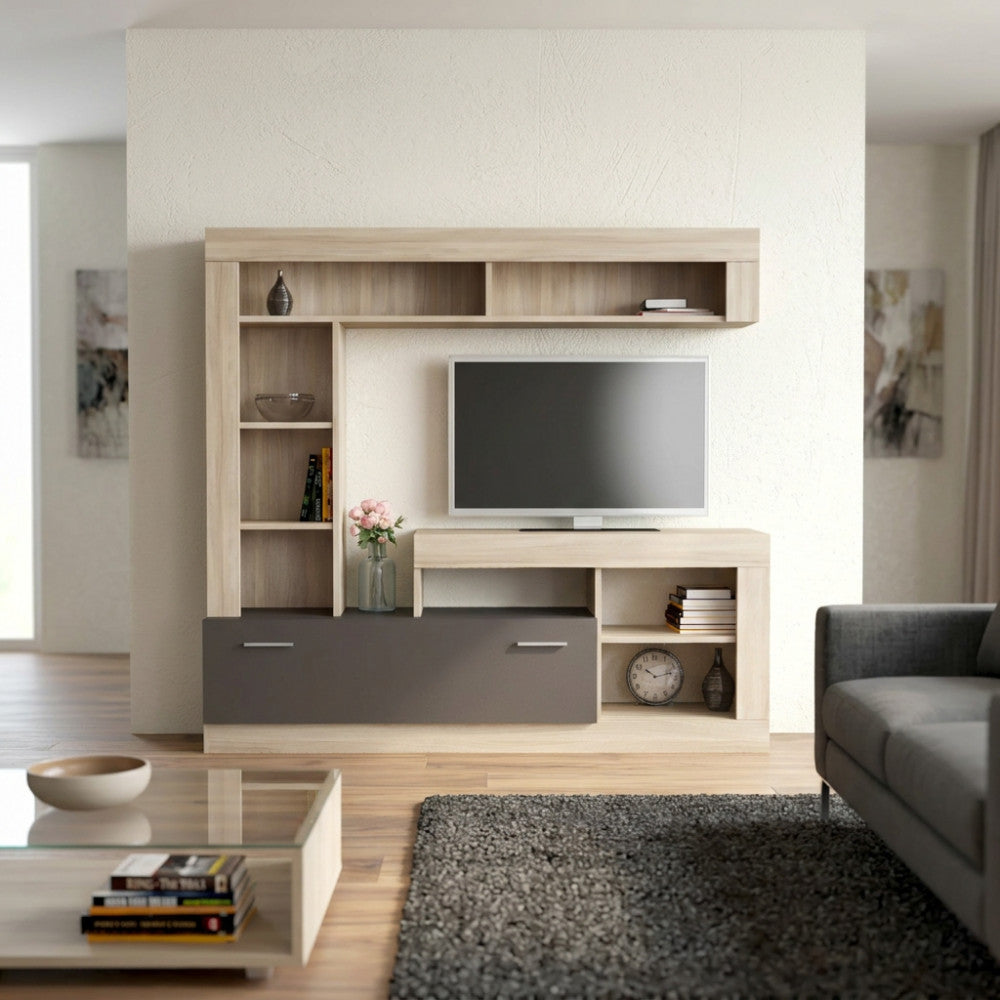 PARETE SOGGIORNO LEONARD OLMO E GRIGIO. Dimensioni: cm 170 x 42 x 170 h.
