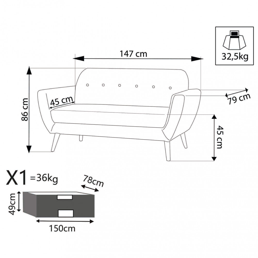 BURTON 2-SEATER SOFA. LIGHT GREY, DARK GREY or BLUE sofa with buttons and polypropylene legs. Dimensions: 147 x 79 x 86 h cm.