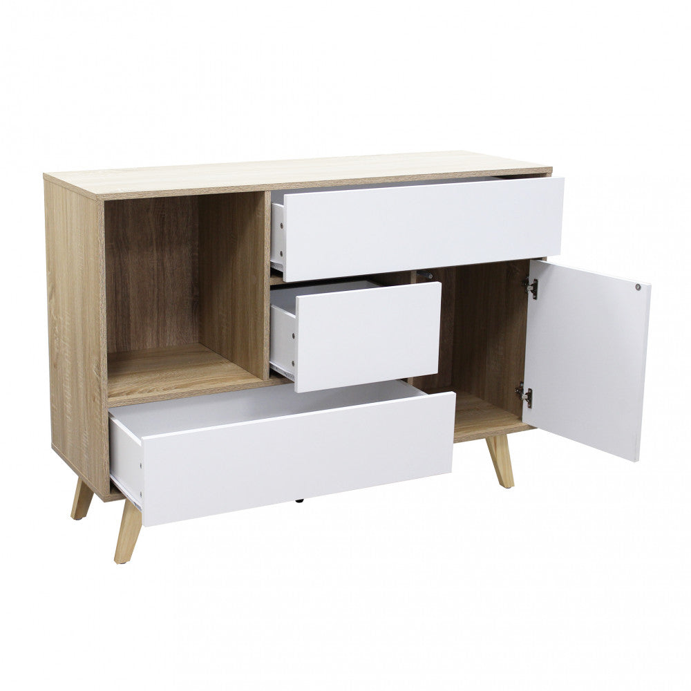 MOBILE EMORY BIANCO E NATURALE. Mobile in melammina con 1 ante, 3 cassetti e 1 ripiano naturali, struttura bianca o grigio scura Dimensioni: 119 x 39,5 x 85,6 h.