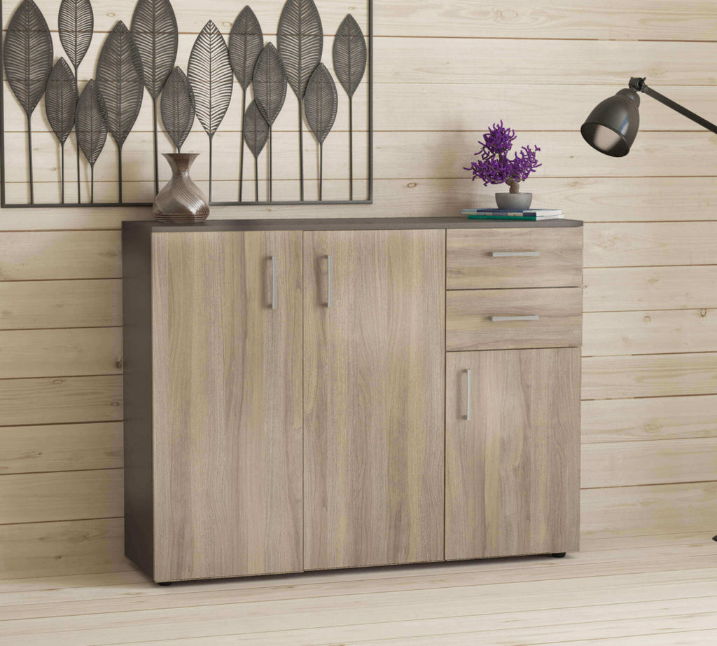 FLEXI FURNITURE IN GREY AND ELM. Dimensions: 106 x 36 x 83 cm.