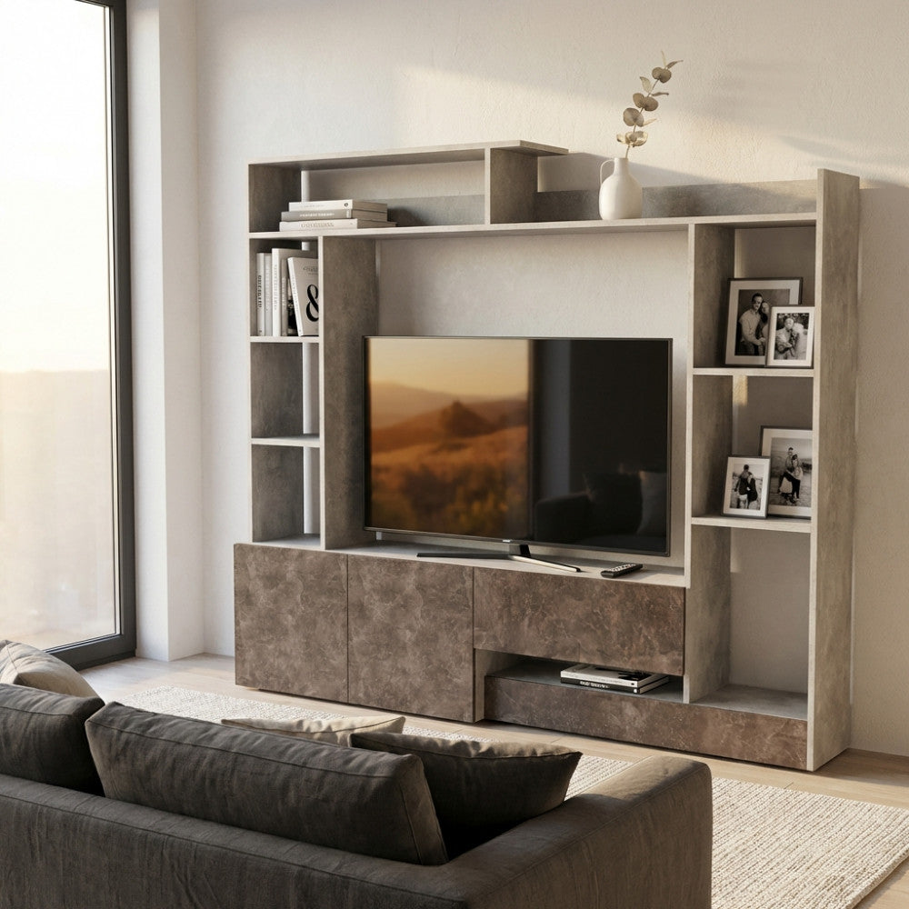 ENTRY LIVING ROOM WALL IN GREY CONCRETE EFFECT AND DARK GREY CONCRETE EFFECT. Wooden wall in GREY CONCRETE EFFECT and DARK GREY CONCRETE EFFECT. Dimensions: 180 x 28/40 x 165 cm.