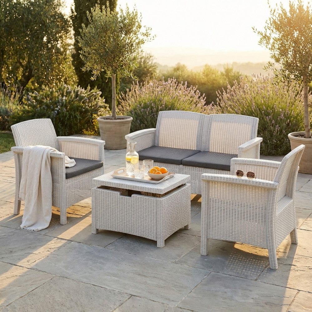 SALOTTO VENEZIA 2 P C/CUSCINI. Struttura in plastica stampata, wicker BIANCO, NERO, o TAUPE con cuscini Dimensioni: D.117x64,5x76/P.63x64,5x76/T60x54,5x40,5. Arredo Giardino