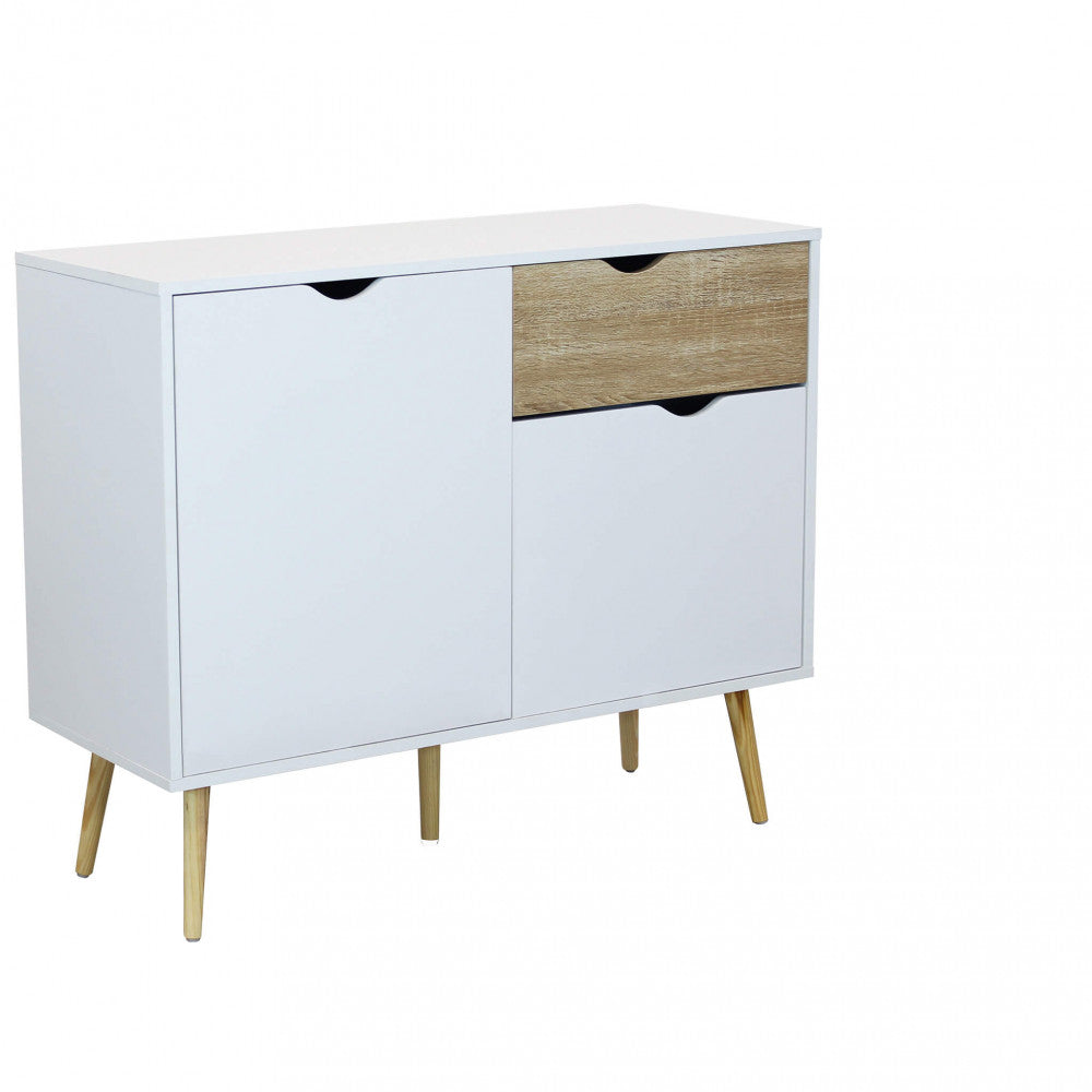 MOBILE THEODORE. Mobile con 1 anta e 2 cassetti in legno bianco e naturale Dimensioni: cm 99 x 39 x 82 h.