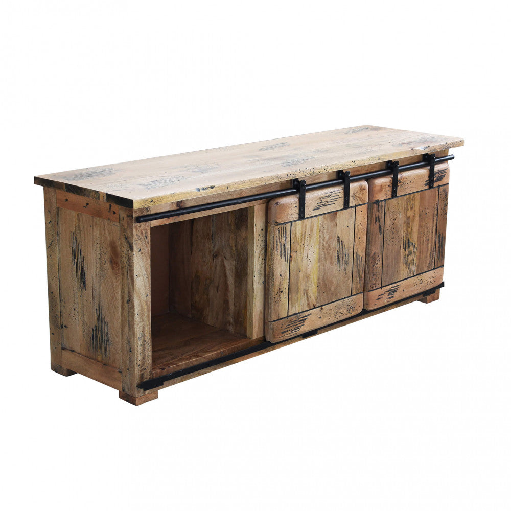 PORTA TV WELDON. Porta TV in legno di mango con 2 anta scorrevole, 1 ripiano e 2 cassetto Dimensioni: cm 150 x 45 x 60 h.