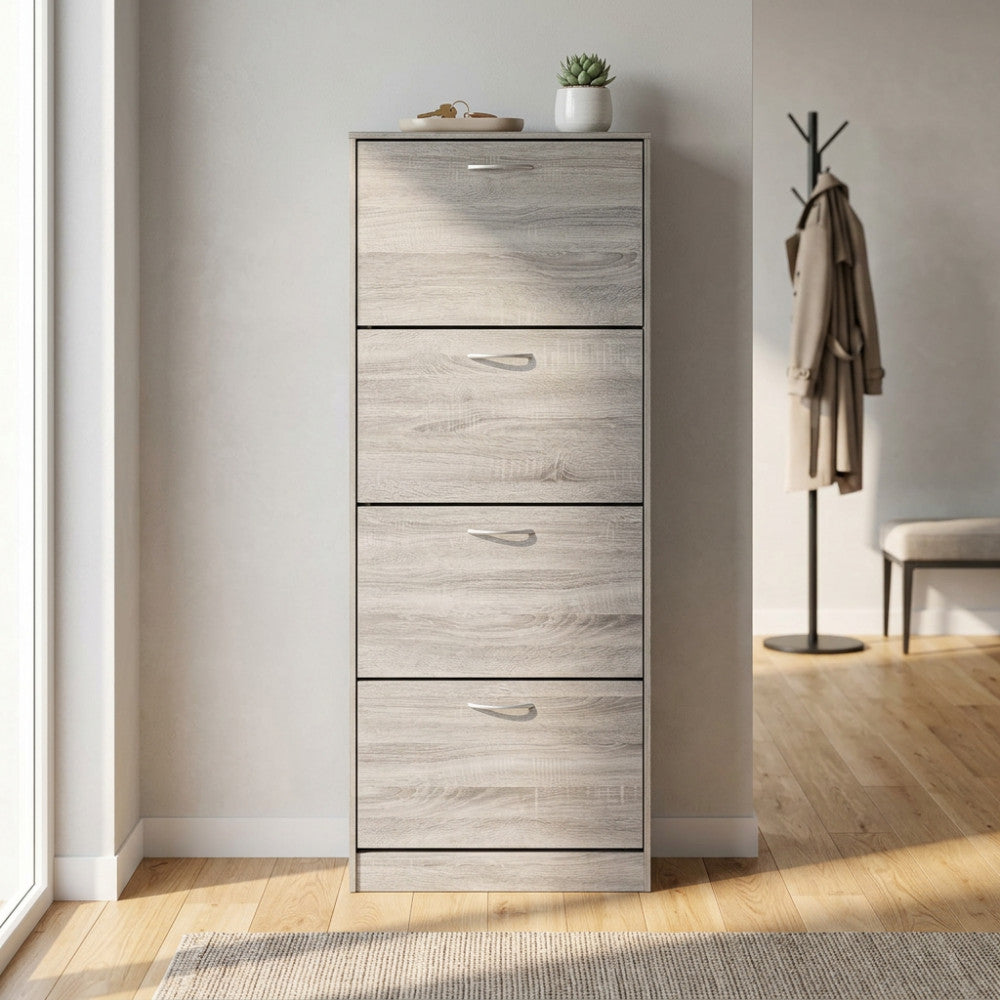 SCARPIERA WENDY GRIGIO CHIARO. Scarpiera con 4 ante in legno Dimensioni: cm 60 x 24 x 150 h.