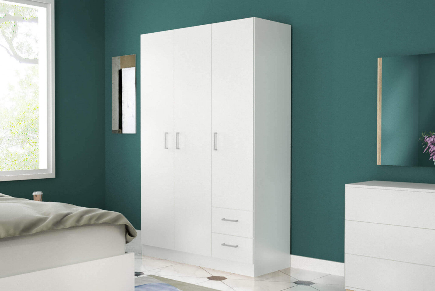 ARMADIO LEWI 3 ANTE E 2 CASSETTI BIANCO. Dimensioni: cm 120 x 52 x 190 h.
