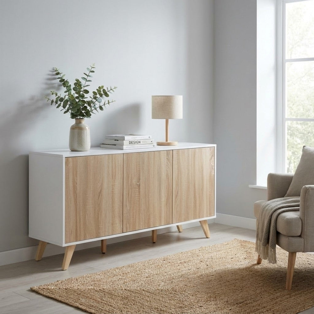 ELTON WHITE AND NATURAL CABINET. Melamine cabinet with 3 natural doors, white or dark grey frame. Dimensions: 150 x 39.5 x 75 h.