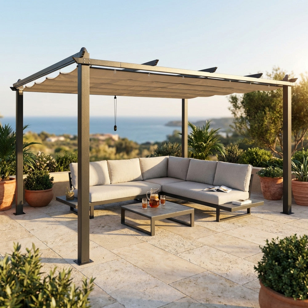 ASTORIA GAZEBO 3 x 4 ANTHRACITE WITH BEIGE CANVAS. 180 g ECRU polyester canopy, ANTHRACITE metal frame. Dimensions: 3 x 4 m. Garden Furniture.