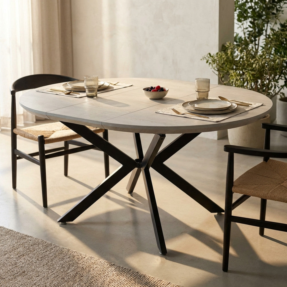 GARRY EXTENDABLE ROUND TABLE WHITE WOOD EFFECT BLACK FRAME 120/160 X 120. Table with MDF top and metal frame. Dimensions: 120 cm l x 120 px 76 h. Garden Furniture