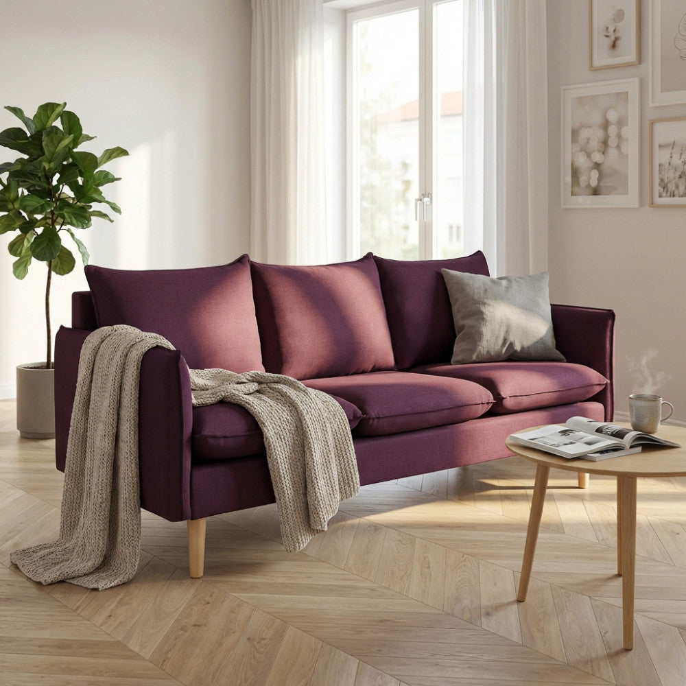 DIVANO 3 POSTI FLORIN. Divano BEIGE, BLU, GRIGIO SCURO, VIOLA o CIANO con gambe in legno Dimensioni: cm 188 x 84 x 51 h.