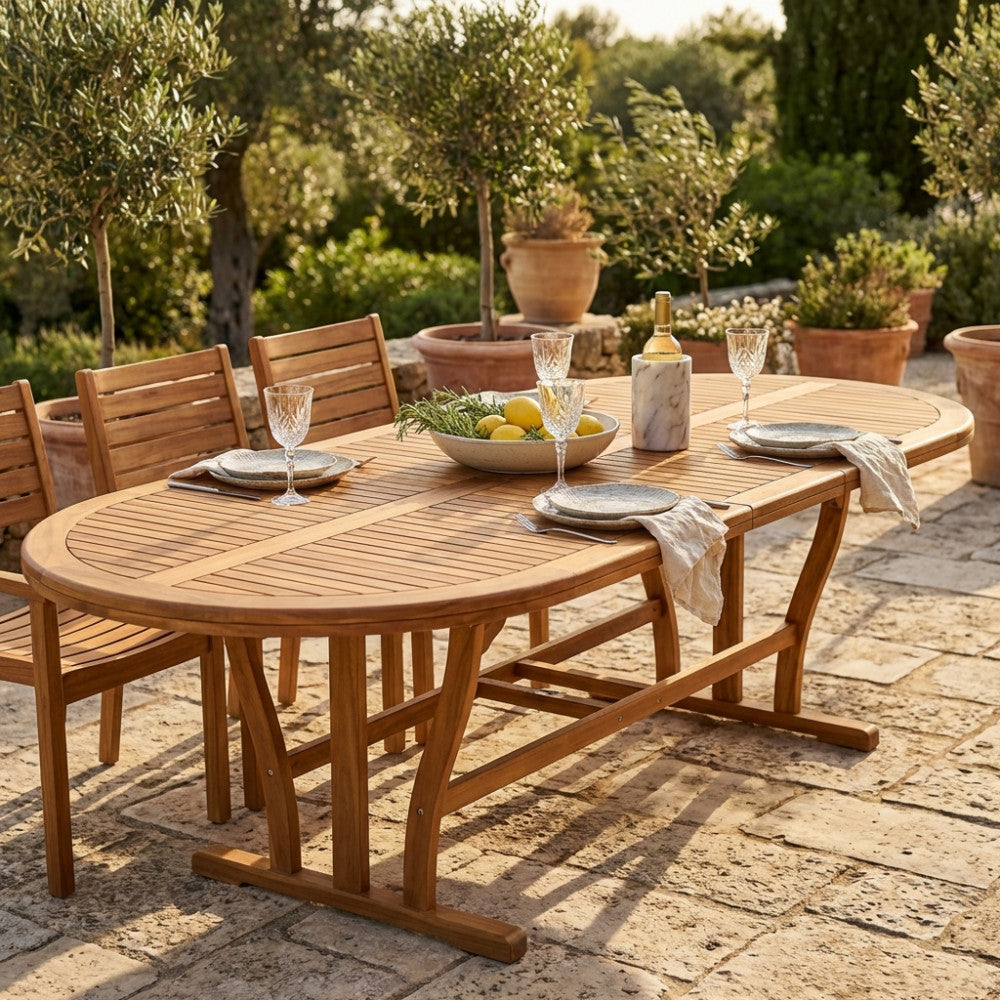 TAVOLO LEONARDO 200/300 X 110 DOUBLE. Legno di Acacia massiccio spessore 44 mm doppio bordo Dimensioni: cm 200/250/300 x 110 x 74 h. Arredo Giardino